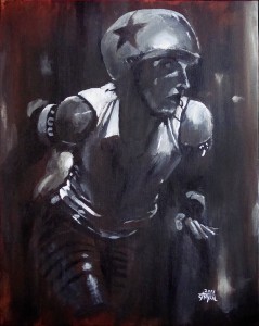 A painting of Slammy Faye of the Naptown Roller Girls